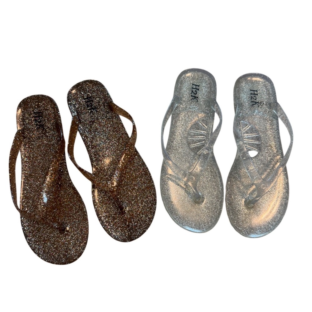H2K Glitter Jelly Flip Flops Size 40 Sparkly Clear & Bronze Metallic Flip Flops